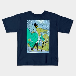 Cute green crocodile character in black top hat and tie Kids T-Shirt